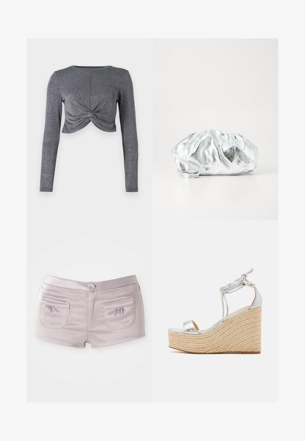 Zilveren lange mouwen cropped top met gedraaide voorkant, voorzien van een textuur met glinsterende stof voor extra glans en dimensie.; Lichtpaarse shorts van gladde, glanzende stof, met twee achterzakken en een sluiting met knoop aan de voorkant, voorzien van een platte tailleband.; Zilverkleurige metallic wiggen sandalen met een jute touw platform, voorzien van een dunne enkelband en een brede teenband voor ondersteuning.; Metalen zilveren clutch tas met een zachte, geplooide body en een dunne schouderriem. Kenmerkt zich door een gladde, glanzende textuur en afgeronde vorm.