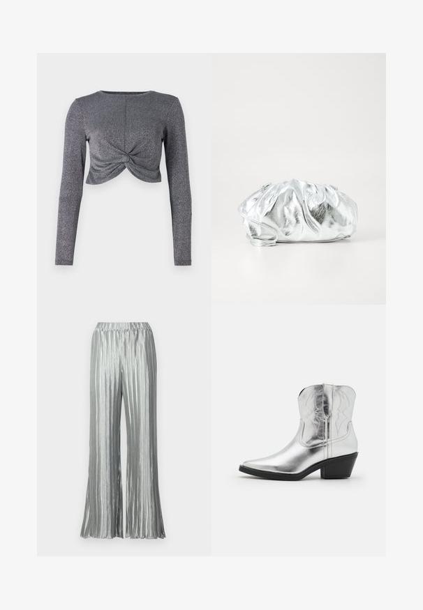 Top court à manches longues argenté avec un design en avant torsadé, présentant un tissu texturé et pailleté pour plus d'éclat et de dimension.; Pantalon large plissé argenté avec une taille élastique, présentant une brillance métallique et une silhouette fluide. Surface texturée partout.; Bottes de cowboy en cuir argenté avec un bout pointu, des détails brodés sur la tige et un talon noir modéré. Surface lisse et brillante.; Pochette argent métallique avec un corps doux et froncé et une fine bandoulière. Présente une texture lisse et brillante ainsi qu'une forme arrondie.