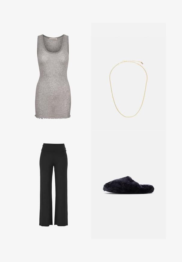 Seamless Basic BELLA - Top - grey melange; Sorte, brede bukser med et højt, draperet talje bånd lavet af et blødt, strækbart materiale, der har glatte, jævne syninger og ingen synlige mønstre.; Sort, behåret slip-on tøffel med lukket tå og åben hæl, blødt tekstureret stof, vist i sideprofil på hvid baggrund.; Guldfarvet kædehalssmykke har et slankt, vridningsmønster med en lås og justerbar længde. Glat tekstur og blank overflade.
