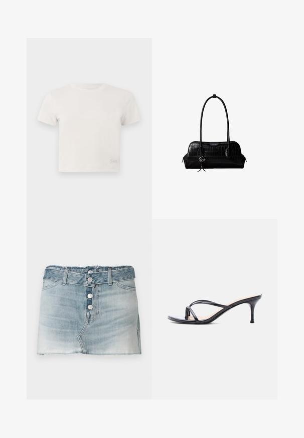 T-shirt blanche à manches courtes et coupe courte, avec col rond et petit logo « Guess » en strass près de l'ourlet sur le côté gauche.; Jupe en denim mini en délavage bleu clair, avec un ourlet effiloché, une fermeture à cinq boutons à l'avant et des passants de ceinture. Design classique à cinq poches.; Sandale à talon en cuir verni noir avec fines lanières croisées et talon aiguille moyen et élancé sur fond blanc.; Sac à épaule en cuir noir à texture crocodile, avec de longues sangles et un petit charm logo argenté sur une sangle.