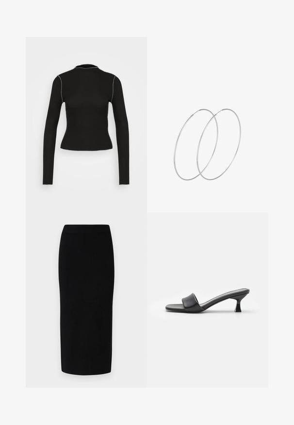 Vero Moda VMSNIPA TEE - Langærmet T-shirt - black/cream; Sort strik-midi-nederdel med en tætsiddende silhuet, der har en bred elastisk talje og en glat tekstur, uden mærkbare mønstre eller accenter.; Sorte hæle mules med en glat, mat læderoverdel, åben tå, bred rem over vristen og slank, firkantet hæl.; Sølvøreringe med et minimalistisk design. Cirkulær form, glat tekstur og tynd profil. Letvægtige med en poleret overflade.