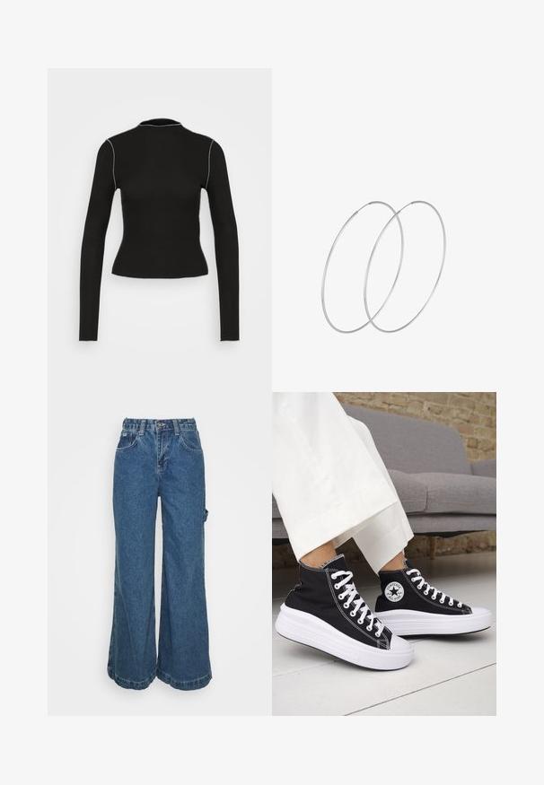 Vero Moda VMSNIPA TEE - Top s dlhým rukávom - black/cream; Džínsy s širokými nohavicami v strednom modrom odtieni, s vysokým pásom, prednými vreckami a surovým lemom na členkoch pre ležérny, uvoľnený strih.; Čierne vysoké tenisky s bielymi gumovými podrážkami a šnúrkami. Obsahujú okrúhlu nášivku s logom a kontrastné biele prešívanie. Materiál je plátený.; Tenké strieborné kruhové náušnice s malými zapínaniami, zobrazené prekryté na bielom pozadí.