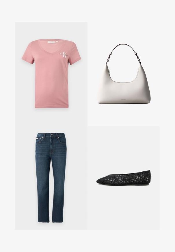 Ružové bavlnené tričko s výstrihom do V a krátkymi rukávmi, s bielym logom Calvin Klein a písmenom "K" na ľavej hrudi. Hladká textúra.; Tmavomodré džínsy s rovnými nohavicami, prednými vreckami, zapínaním na gombík a jemným prešívaním na páse.; Čierna sieťovaná plochá obuv so zatvorenou špičkou a nízkym podpätkom, s priedušným tkaným dizajnom a nenápadným bočným logom.; Krémová kožená kabelka Calvin Klein cez rameno s oblým horným okrajom, strieborným zipsom a tmavo hnedým nastaviteľným remienkom.