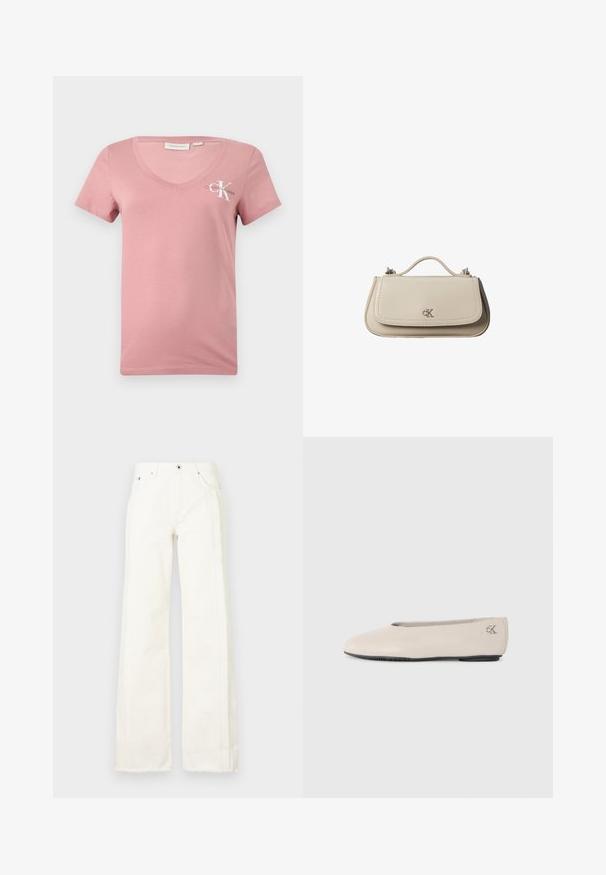 Ružové bavlnené tričko s výstrihom do V a krátkymi rukávmi, s bielym logom Calvin Klein a písmenom "K" na ľavej hrudi. Hladká textúra.; Biele široké džínsy vyrobené z denimu, so strapatými okrajmi po stranách, prednými vreckami a klasickým zapínaním na gombík a zips.; Bežové kožené baletky s nízkou čiernou podrážkou a strieborným logom "cK" na pätke, minimalistický dizajn, bočný pohľad na jednoduchom pozadí.; Malá béžová kožená kabelka s horným držadlom a strieborným logom CK na prednej chlopni, zobrazená na bielom pozadí.