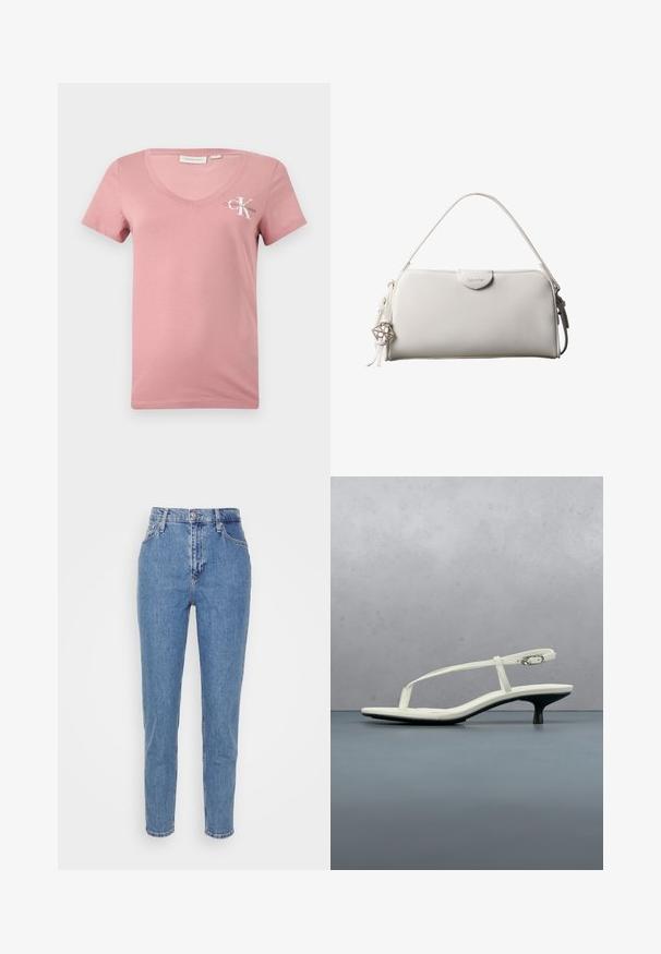 Ružové bavlnené tričko s výstrihom do V a krátkymi rukávmi, s bielym logom Calvin Klein a písmenom "K" na ľavej hrudi. Hladká textúra.; Modré vysoko sohnuté rovné nohavice s predným gombíkom a zipsom, pútka na opasok a vrecká, vystavené na jednoduchom bielom pozadí.; Biela sandála na podpätku kitten s remienkami a zašpicatenou špičkou, lietajúca nad drevenou dlažbou vonku s rozmazaným pozadím rastlín a steny.; Biela obdĺžniková kabelka Calvin Klein s jedným rúčikom, minimalistickým dizajnom a dekoratívnymi strapcami s geometrickým kovovým príveskom na boku.