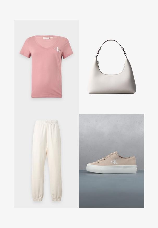 Vaaleanpunainen puuvillainen V-kauluspaita lyhyillä hihoilla, joka esittelee valkoista Calvin Klein -logoa ja ''K''-kirjainta vasemmassa rintakehässä. Sileä kangas.; Kermanväriset verkkarit, joissa joustava vyötärönauha ja resorit lahkeissa, esillä litteänä vaaleaa taustaa vasten.; Vaaleanbeige kangastennari valkoisella kumipohjalla, jossa on nauhat ja pieni logo sivussa. Pinta on teksturoitu ja muotoilu minimalistinen.; Kermanvärinen Calvin Kleinin nahkainen olkalaukku kaarevalla yläreunalla, hopeanvärisellä vetoketjulla ja tummanruskealla säädettävällä hihnalla.