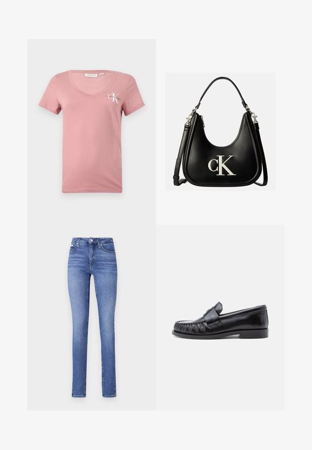 Ροζ βαμβακερό T-shirt με βαθύ V και κοντά μανίκια, που διαθέτει το λευκό λογότυπο Calvin Klein και το γραμμα "K" στην αριστερή περιοχή του στήθους. Λείο υλικό.; Ψηλόμεσα στενά τζιν σε ανοιχτό μπλε τζιν, με πέντε τσέπες, διακριτική φθορά και κλασικό κούμπωμα με κουμπί και φερμουάρ.; Μαύρα δερμάτινα μοκασίνια με στρογγυλεμένη μύτη, χαρακτηριστική ραφή και διακοσμητικό λουράκι στο επάνω μέρος. Ομαλή υφή και χαμηλό τακούνι.; Μαύρη δερμάτινη τσάντα χειρός με ασημένιο λογότυπο "cK" μπροστά, με κοντή λαβή και μακρύτερο ρυθμιζόμενο ιμάντα ώμου.