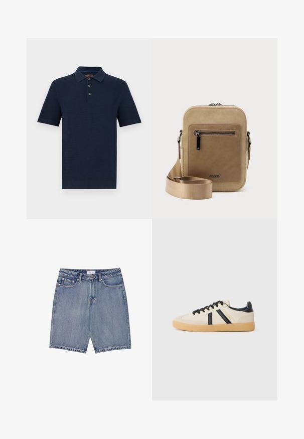 Polo de punto azul marino de manga corta con tapeta de tres botones y cuello, puños y dobladillo acanalados, mostrado sobre fondo blanco.; Shorts de denim con un lavado azul claro, que presentan cinco bolsillos, pasadores para el cinturón y costuras en contraste. Pierna de corte recto con un dobladillo sin terminar.; Zapatillas casuales en crema con rayas negras, con parte superior texturizada y suela de goma. Los cordones son negros. Logo sutil en el costado.; Bolso pequeño beige tipo bandolera con bolsillo frontal con cremallera, logo metálico de ALDO, correa ancha ajustable y forma rectangular redondeada sobre fondo blanco.