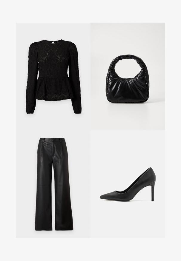 Schwarze Bluse mit langen Ärmeln, strukturiertem Muster, Peplum-Taillierung und Ausschnittdetails im Rückenteil. Hergestellt aus leichtem, gewebtem Stoff.; Schwarze weitem Hosen aus glattem Leder mit einem vorderen Knopfverschluss und zwei schrägen Taschen an den Vorderseiten.; Schwarze High Heel-Pumps mit spitzer Zehenpartie, aus glattem Leder, mit einem eleganten Design und einem dünnen, zylindrischen Absatz.; Schwarze gepolsterte Handtasche mit einem runden Griff, die eine glatte, glänzende Oberfläche und eine weiche, gestepfte Textur aufweist. Keine sichtbare Hardware oder Akzente.
