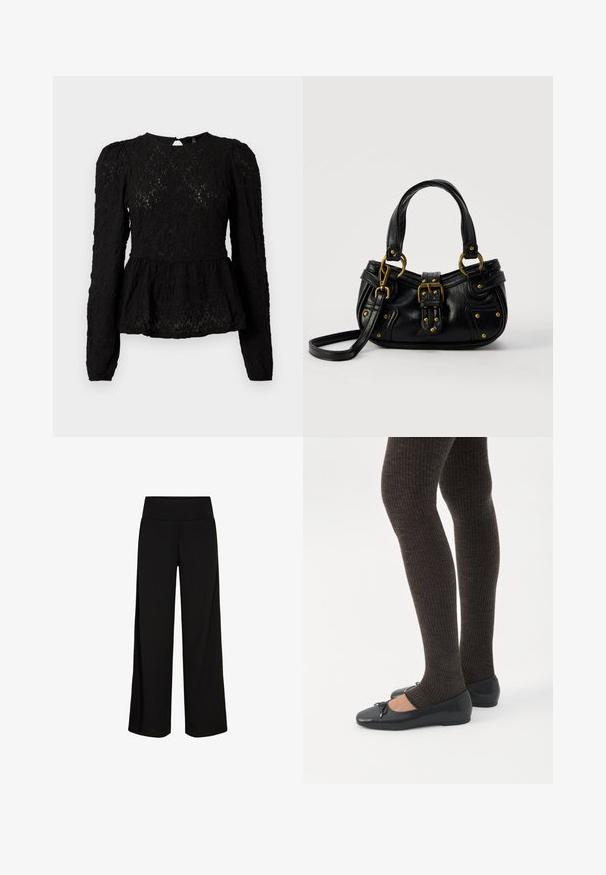 Blouse noire à manches longues avec un motif texturé, taille peplum et détail en forme de goutte au dos. Fabriquée en tissu léger et tissé.; Pantalons larges noirs avec une taille douce et extensible. Tissu lisse, design à longueur complète, sans fermetures ni motifs visibles.; Jambes portant des leggings côtelés foncés associés à des ballerines noires avec de petits détails en nœud sur fond blanc.; Sac à main en cuir noir avec boucle dorée et détails à rivets, poignées courtes et bandoulière réglable sur fond blanc uni.