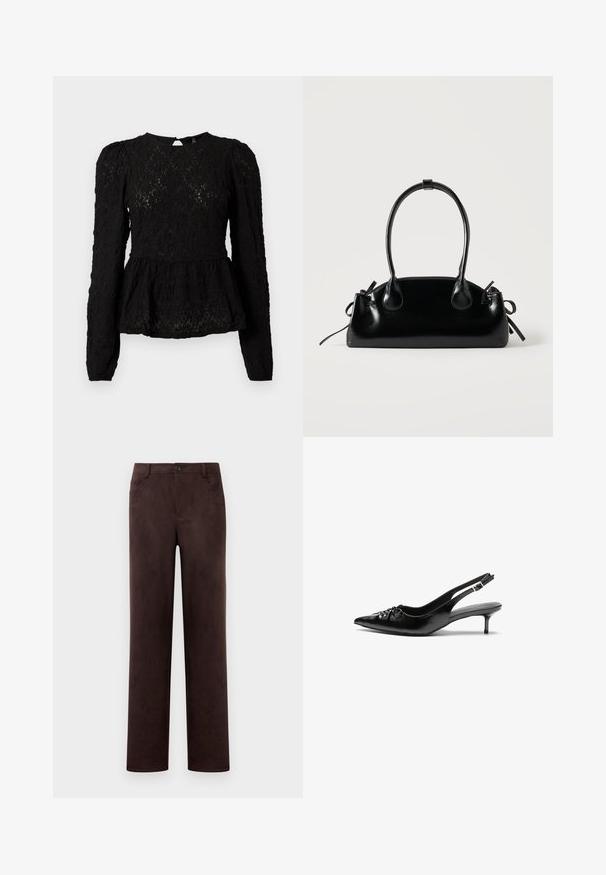 Sort langærmet bluse med et struktureret mønster, peplum talje og detaljer med nøglehul bagpå. Fremstillet af letvægts vævet stof.; Mørkebrun suedebukser med lige ben, frontknap og lynlås, bæltesløjfer og sidelommer.; Sorte læder slingback-pumps med spids tå, lav kitten-hæl og rynket detalje på overdelen. Glat tekstur og minimalistisk design.; Lille sort blank håndtaske med to lange håndtag og snøre-detaljer i siden på en ensfarvet lys baggrund.