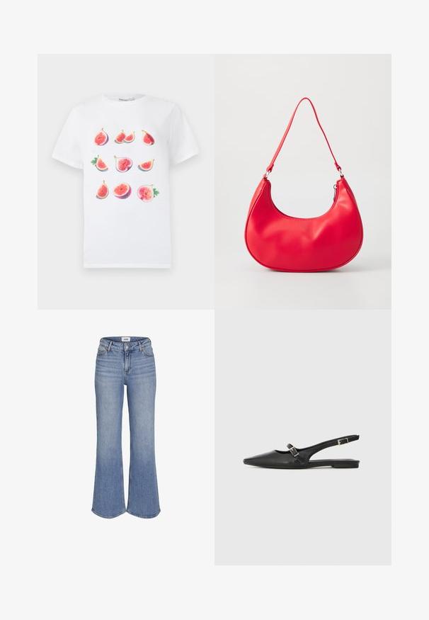 Camiseta blanca de algodón con un estampado gráfico de varios higos en diferentes orientaciones y colores, destacando la pulpa rosa y las hojas verdes.; Vaqueros de denim azul claro de cintura alta con piernas acampanadas y cierre de botones en la parte delantera.; Zapatos slingback de cuero negro con punta afilada, que cuentan con una correa estrecha y un detalle de hebilla plateada en el lateral. Suela plana.; Bolso de hombro de piel sintética roja con forma curvada, correa delgada y cierre de cremallera. Textura suave con detalles de costura visibles.