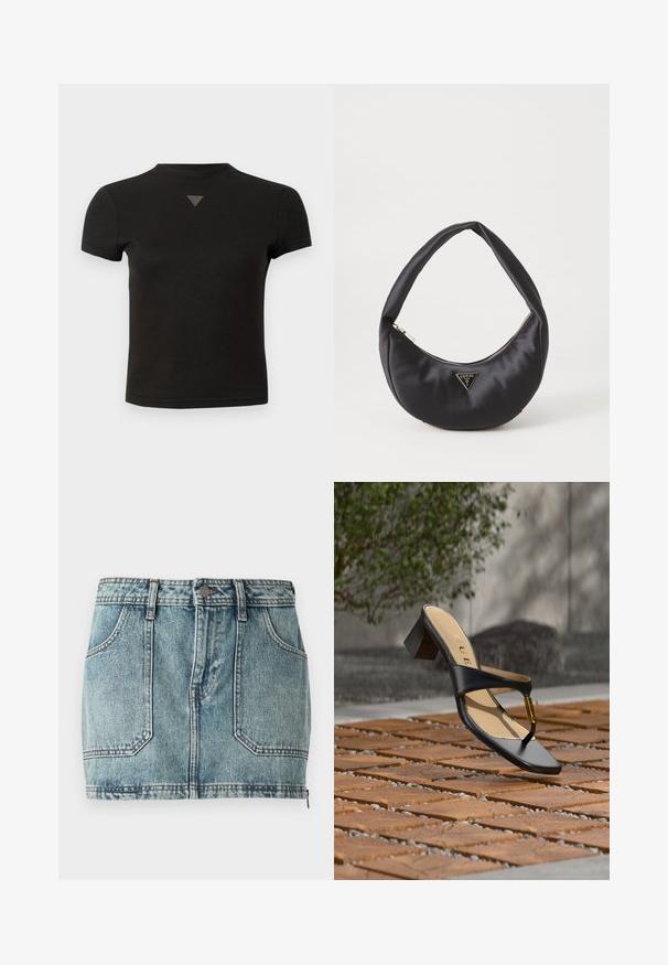 Korte zwarte crop top met een kleine driehoekige studs detail in het midden aan de voorkant nabij de halslijn.; Leren denim minirok in lichtblauw met een vijf-pocketontwerp, riemlussen, metalen knoopsluiting en contrasterende stiksels.; Zwarte sandaal met hak, teenlus en gouden accent, geplaatst op een houten en stenen geplaveid oppervlak buiten nabij groen.; Zwarte satin handtas met een gebogen vorm, voorzien van een ritssluiting en een driehoekig metalen logo aan de voorkant. Gladde textuur en een slank ontwerp.