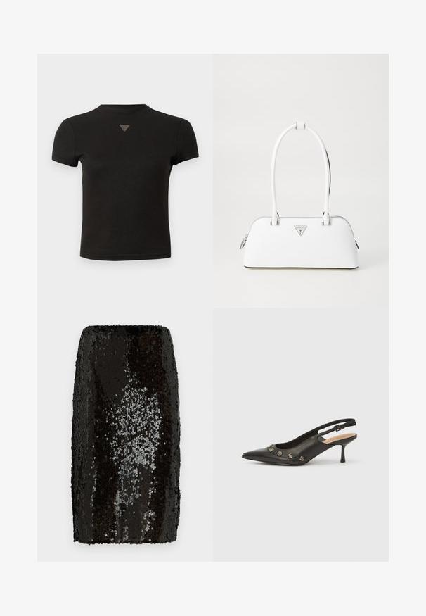 Korte sorte cropped t-shirt med en lille trekantet nitterdetalje centralt foran nær halsudskæringen.; Sorte palietter blyantskørt med tætsiddende design. Har tætte, reflekterende paletter, der skaber en tekstureret overflade. Glat indvendig foring.; Sort slingback-pumpe i læder med spids tå, lille hæl og dekorative metalakcenter langs frontåbningen. Glat tekstur.; Hvid lædertaske med en buet form, der har et sølvtrapezlogo og lynlåslukning. Glat tekstur og dobbelthåndtag.