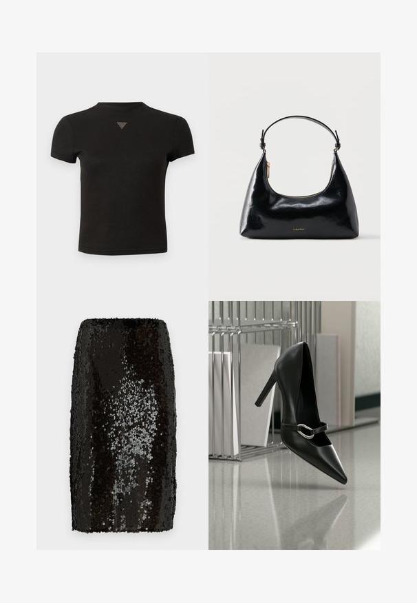 Lühike must lühikeste varrukatega t-särk, mille krae lähedal on väike kolmnurkne studded detail.; Must mustriga seelik, mis on valmistatud mustadest sädelejatest. Omab tihedat, peegeldavat sädelust, luues tekstuurse pinna. Sujuv sisevooder.; Must terava säärega kõrge kontsaga king hõbedase pandlaga rihmaga, asetatud peegeldavale pinnale metallist failide korraldaja lähedal, kus hoitakse pabereid.; Musta läikiv Calvin Kleini käekott kuldse luku ja lühikese rihmaga valgel taustal.