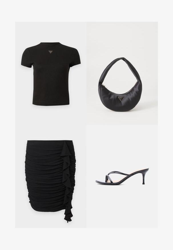 Korte sorte cropped t-shirt med en lille trekantet nitterdetalje centralt foran nær halsudskæringen.; Sort rynket nederdel med flæsedetalje på siden, lavet af strækbart stof, med en tætsiddende silhuet.; Sort laklædersandal med hæl, tynde krydsede remme og en slank mellemhøj stilethæl på en hvid baggrund.; Sort satin håndtaske med en buet form, der har en lynlåslukning og et trekantet logo i metal på forsiden. Glat tekstur og slankt design.