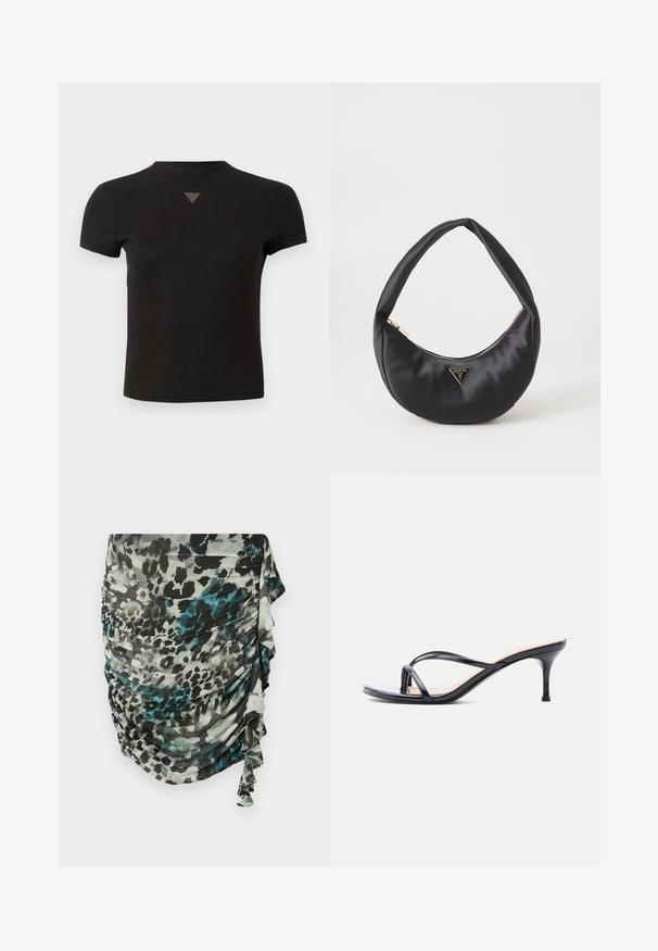 Lühike must lühikeste varrukatega t-särk, mille krae lähedal on väike kolmnurkne studded detail.; Kortsukeste, kerge seeliku roheline, musta ja halli varjundiga, leopardimustri ja rüüstatud detailidega külje peal.; Mustast lakknahast kontsakingad, millel on õhukesed risti kõndivad rihmad ja kitsas keskmise kõrgusega konts.; Must musträk kott, millel on kaarjas kuju, varustatud lukuga ja metallist kolmnurkse logoga ees. Sile tekstuur ja peen disain.