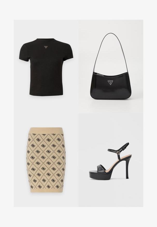 Korte sorte cropped t-shirt med en lille trekantet nitterdetalje centralt foran nær halsudskæringen.; Strikket beige blyantskørt med et diamantmønster og gentagne sorte logoakcenter, med en ribbet talje for ekstra tekstur.; Sorte platformsandaler med høj stiletthæl, der har en glat læderoverdel, peep toe-design og en justerbar ankelrem med metalbeslag.; Sort patenteret læder skuldertaske med en buet form, prydet med et sølvfarvet trekantet logo og en lynlås-lukning. Glat tekstur og slank rem.