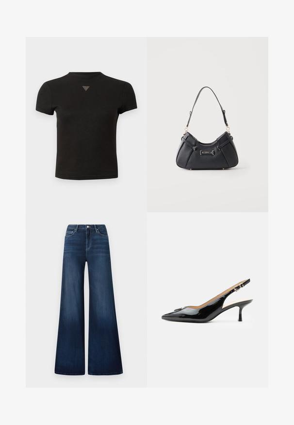 Korte sorte cropped t-shirt med en lille trekantet nitterdetalje centralt foran nær halsudskæringen.; Mørkeblå wide-leg jeans med høj talje, lavet af denim, med subtil falmning, forlommer og en klassisk knaplukning.; Sort patentlæder slingback hæl med spids tå, lille kitten hæl og sølvspænde på en ensartet hvid baggrund.; Sort læder skuldertaske med guldfarvet hardware og Guess-logoplaket, med en enkelt rem og lynlåslukning i toppen.