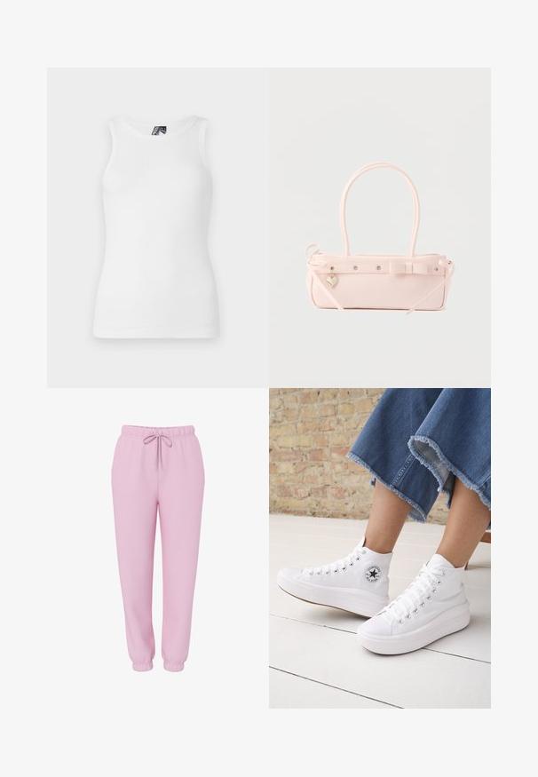 Hvid ribbet tanktop med rund halsudskæring og ærmeløst design, lavet af en blød bomuldsblanding med en tætsiddende silhuet.; Lyserøde joggers med elastisk linning, snørebånd, sidelommer og elastiske manchetter, vist på hvid baggrund.; Person iført hvide høje Converse-sneakers med tykke såler og beskårne blå jeans med flossede kanter mod en murstensvæg og hvidt gulv.; Lyserød rektangulær håndtaske med dobbelte håndtag, dekorativ sløjfe, metalnitter og lille hjerteformet vedhæng på en ensfarvet baggrund.