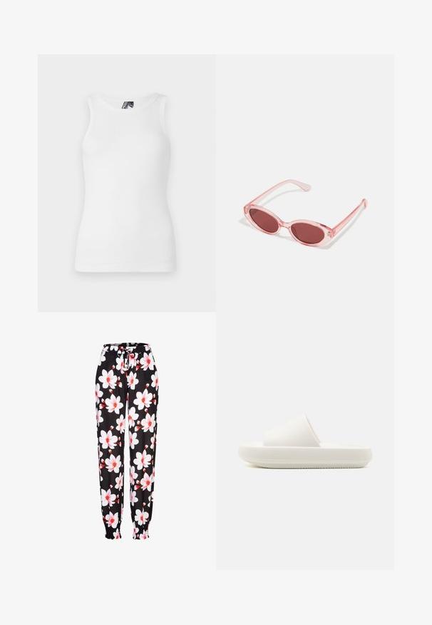 Top de tirantes blanco con canalé, que presenta un escote redondo y un diseño sin mangas, hecho de una suave mezcla de algodón con una silueta ajustada.; Pantalones de tela negra con patrón floral en blanco y rojo, con cintura elástica y cordón ajustable, y puños fruncidos. Material ligero.; Chancla blanca con una tira texturizada y una suela elevada y redondeada. El material parece suave y duradero, con un patrón sutil.; Gafas de sol transparentes rosas con lentes ovalados, tinte rojo oscuro y varillas delgadas, con un acabado suave y detalles sutiles en la montura.