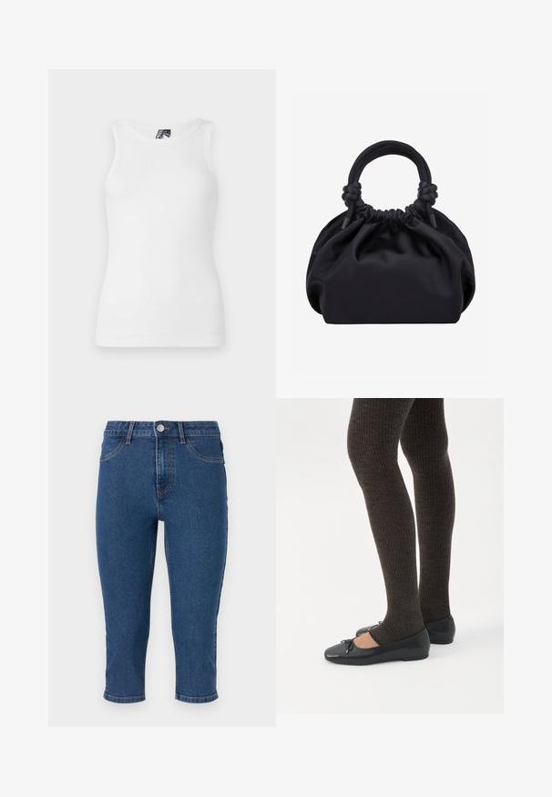 Hvid ribbet tanktop med rund halsudskæring og ærmeløst design, lavet af en blød bomuldsblanding med en tætsiddende silhuet.; Mørkeblå denim capri bukser med høj talje, fem lommer og kontrastsytrådet. Har en enkelt metalknap og let indsnævring ved kanten.; Ben iført mørke ribbede leggings kombineret med sorte balletsko med små sløjfedetaljer på hvid baggrund.; Sort blød stofhåndtaske med samlet top og cirkulære polstrede håndtag bundet med knuder på hver side.