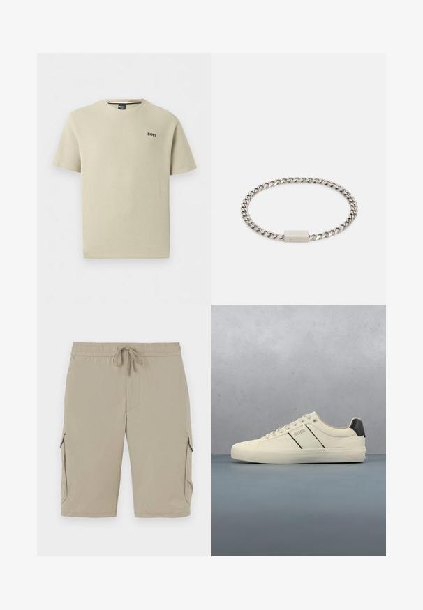 Beige textuur T-shirt met korte mouwen en ronde hals met het "BOSS" logo op de linkerborst.; Beige cargoshorts met een elastische tailleband en een koord. Beschikt over zijzakken en een zachte, lichte stof.; Crème-kleurige sneakers met een gladde textuur, voorzien van zwarte accenten en branding. Tijdloos vetersysteem met een ronde neus en rubberen zool.; Zilveren metalen schakelarmband met een vlak rechthoekig slot, kenmerkend door een gladde textuur en een onderling verbonden ontwerp. Accentuering met merkgravure.