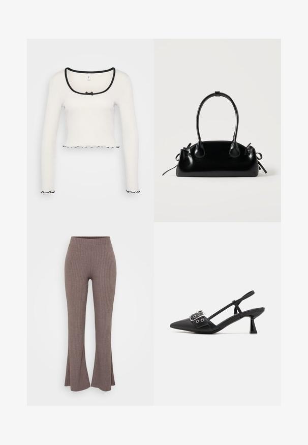 Hvid langærmet crop top med en bred sortkantet rund halsudskæring, en center bånd detalje, og flæser i sort ved ærmerne og kanten.; Brune ribbede flairbukser med en høj, strækbar talje og en blød tekstur, der har et subtilt vertikalt mønster gennem hele stoffet.; Simmi London DALA - Pumps - black; Lille sort blank håndtaske med to lange håndtag og snøre-detaljer i siden på en ensfarvet lys baggrund.