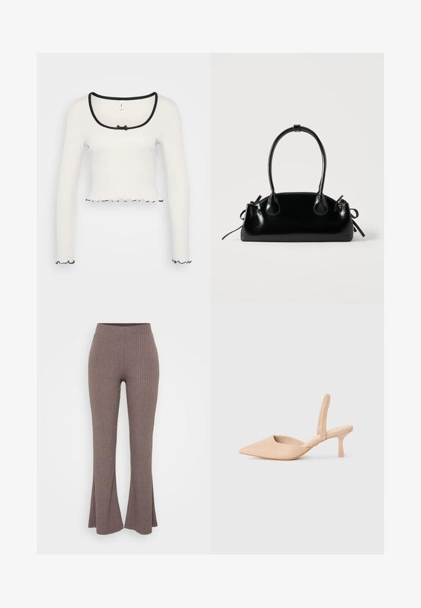 Hvid langærmet crop top med en bred sortkantet rund halsudskæring, en center bånd detalje, og flæser i sort ved ærmerne og kanten.; Brune ribbede flairbukser med en høj, strækbar talje og en blød tekstur, der har et subtilt vertikalt mønster gennem hele stoffet.; Beige slingback sko med spids tå og lav, firkantet hæl. Glat syntetisk materiale, åbne sider og minimalistiske design detaljer.; Lille sort blank håndtaske med to lange håndtag og snøre-detaljer i siden på en ensfarvet lys baggrund.