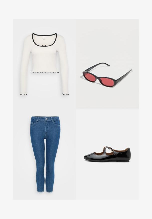 Biely dlhý rukáv crop top s širokým výstrihom obšitou čiernym lemom, strednou mašľou a volánovitým čiernym lemovaním na manžetách a leme.; Modré džínsové skinny nohavice s vysokým pásom, ktoré majú päť vreciek, zapínanie na gombík a roztrhnuté spodné lemy. Hladká textúra.; Čierne lesklé Mary Jane baleríny s dvoma výrezmi a zlatou prackou na bielom pozadí.; Čierne oválne slnečné okuliare s tenkými ramenami a červenými tónovanými šošovkami ležia na bielom povrchu.