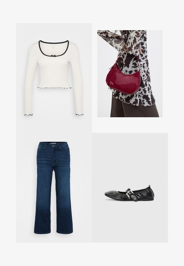 Top corto de manga larga blanco con un amplio escote redondeado ribeteado en negro, un detalle de lazo en el centro y borde negro con volantes en los puños y en el dobladillo.; ONLY Petite ONLMADISON BLUSH WIDE - Pernera ancha - dark blue denim; Zapato plano de piel negra con puntera afilada, detalle fruncido alrededor de la abertura y un acento de hebilla plateada en la correa ajustable.; Mujer con blusa de estampado en blanco y negro sosteniendo un bolso de hombro rojo brillante sobre un fondo liso.