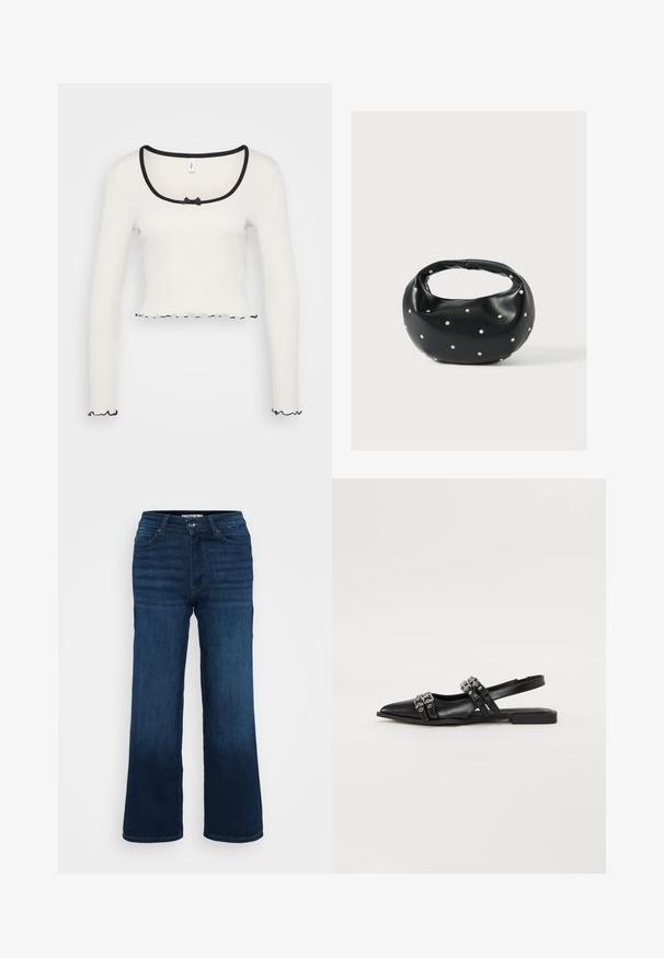Hvid langærmet crop top med en bred sortkantet rund halsudskæring, en center bånd detalje, og flæser i sort ved ærmerne og kanten.; ONLY Petite ONLMADISON BLUSH WIDE - Wide leg - dark blue denim; Even&Odd by Zalando Slingback-ballerinasko - black; Sort læderhåndtaske med en rundet form, dekoreret med sølvnitter, og et kort håndtag. Glat tekstur og lynlåslukning.