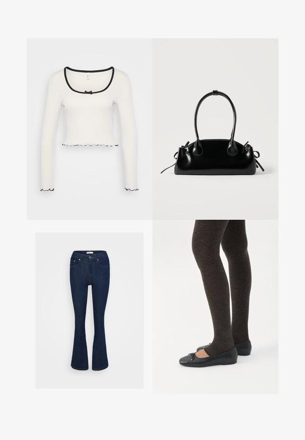 Biely dlhý rukáv crop top s širokým výstrihom obšitou čiernym lemom, strednou mašľou a volánovitým čiernym lemovaním na manžetách a leme.; Tmavomodré rozšírené džínsy s klasickým päťvreckovým dizajnom, kovovým zapínaním na gombík a vyšívaním na vreckách.; Nohy v tmavých pásikavých legínach v kombinácii s čiernymi balerínkami s malými mašličkami na bielom pozadí.; Malá čierna lesklá kabelka s dvoma dlhými rúčkami a bočnými šnúrkovými detailmi na jednoduchom svetlom pozadí.