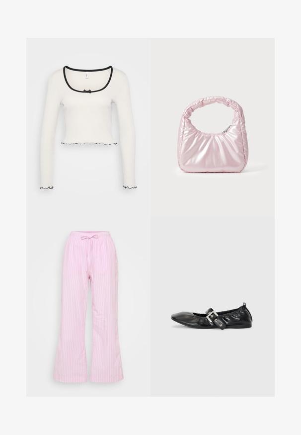 Biely dlhý rukáv crop top s širokým výstrihom obšitou čiernym lemom, strednou mašľou a volánovitým čiernym lemovaním na manžetách a leme.; Ružové pruhované nohavice vyrobené z ľahkej tkaniny, s elastickým pásom a voľným širokým strihom. Vertikálne pruhy pridávajú jemnú textúru.; Čierna kožená plochá obuv s špicatou špičkou, zberaným detailom okolo otvoru a strieborným prackovým akcentom na nastaviteľnom remienku.; Ružová, polstrovaná kabelka s oblehnutým dizajnom, vyrobená z lesklého materiálu. Obsahuje naťahovanú rukoväť a zipsové uzatvorenie pre bezpečný prístup.