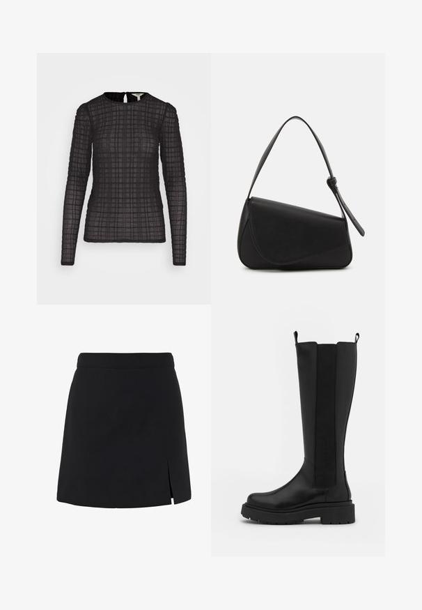 Object OBJCAMILLA WRINKLE - Camiseta de manga larga - black; Minifalda negra línea A con cintura alta y una pequeña abertura en el lado delantero derecho.; Bota negra hasta la rodilla con un exterior de cuero suave, paneles laterales elásticos, punta redondeada y una gruesa suela de goma negra.; Bolso de mano de cuero negro con forma triangular, tapa en ángulo y un asa superior redondeada. Presenta una textura suave y detalles de diseño minimalistas.