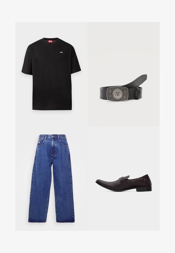 Sort Diesel T-shirt med korte ærmer, med lille hvid "DIESEL"-logo på venstre bryst og rød Diesel-mærkat på indersiden af kraven.; Bredde ben, blå denim jeans med høj talje, der har fem lommer, knaplukning og subtile blødgøringer for tekstur.; Mørkebrun læder herreloafer med lav hæl, rundet firkantet tå og en rem over vristen, vist i sideprofil.; Sort læderbælte med et rektangulært sølvspænde, der har indgraverede blomsterdekorationer og et centralt stiliseret "B"-logo.