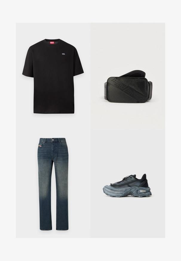 T-shirt Diesel noir à manches courtes avec petit logo blanc "DIESEL" sur le côté gauche de la poitrine et étiquette Diesel rouge à l'intérieur du col.; Jean en denim bleu à jambe droite avec lavage délavé, fermeture avant par bouton et fermeture éclair, et design à cinq poches.; Baskets Diesel noires et grises avec semelle épaisse, système de laçage à bascule et design texturé sur fond gris clair uni.; Ceinture noire présentant un design texturé avec un logo en relief bien visible. Le matériau semble lisse avec une finition en cuir.