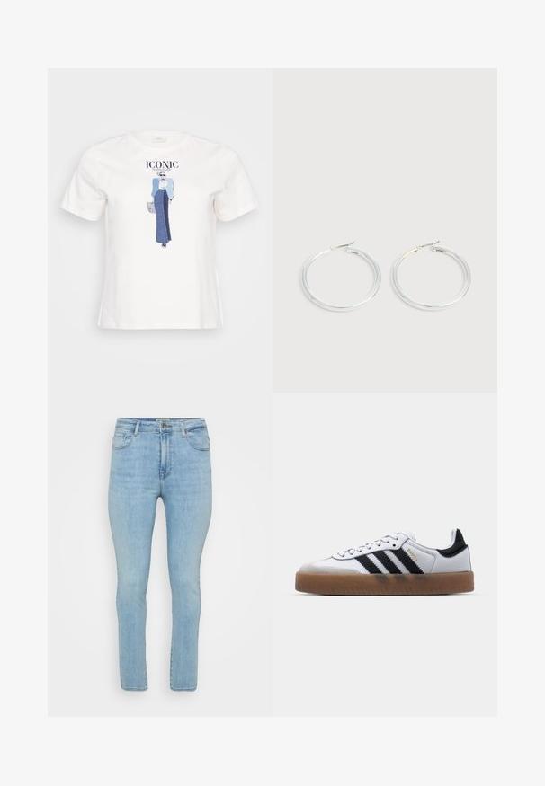 Hvid bomulds t-shirt med en grafisk illustration af en kvinde i en blå jakke og denimskørt, med teksten "ICONIC" trykt ovenfor.; Lyseblå denimjeans med slim fit, der har fem lommer, bæltestropper og en standard lynlås med knaplukning.; Hvide lædersneakers med sorte striber, gummirubber sål, rund tå, snørelukning og blød grå ruskinds tåhætte.; Par skinnende sølvøreringe med tynde trådlåse, vist på en lys grå baggrund.