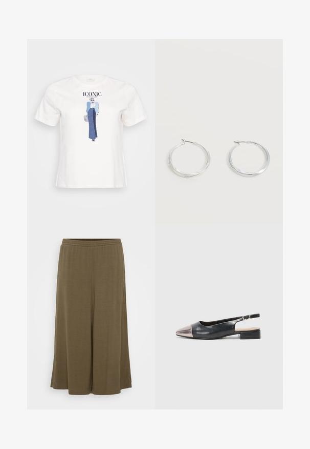 Witte katoenen t-shirt met een grafische illustratie van een vrouw in een blauwe jas en een denimrok, met de tekst "ICONIC" erboven gedrukt.; Olijfgroene wijdere broeken van lichtgewicht stof. Kenmerken zijn een elastische tailleband en een ontspannen pasvorm, met een gladde, vloeiende textuur.; Slingback schoenen met een zwarte leren bovenkant, een metallic rosegouden puntige neus en een lage blokhak. Gladde textuur met een gebogen ontwerp.; Zilverkleurige metalen creolen oorbellen met een glad, licht gebogen oppervlak en sluitingen met haaksluiting op een effen witte achtergrond.