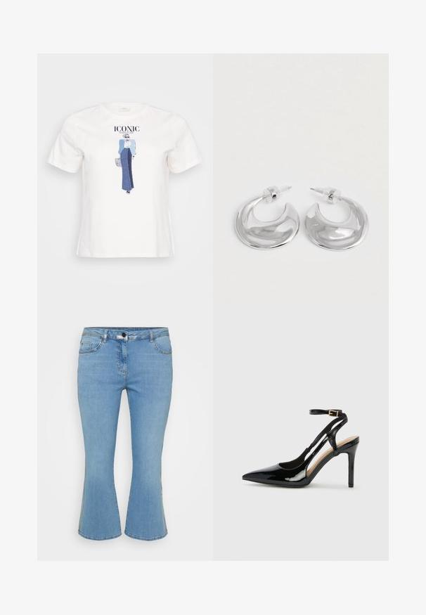 Hvid bomulds t-shirt med en grafisk illustration af en kvinde i en blå jakke og denimskørt, med teksten "ICONIC" trykt ovenfor.; Lys blå denim flared jeans med fem lomme-design, der har en knaplukning og kontrasterende syninger langs sømmene.; Sorte laklæder højhælede slingback-sko med spids tå, justerbar ankelrem og åben sider. Glat tekstur.; Et par polerede sølv halvmåneformede hoop øreringe med klare plastikbagsider på en hvid overflade.