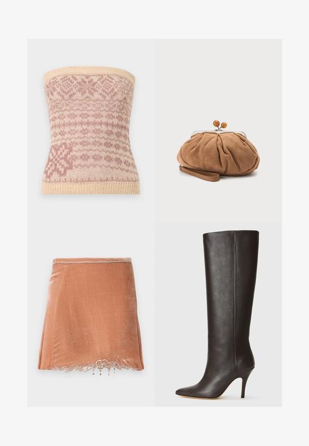 Top sin tirantes de punto en beige con patrones geométricos rosas. Presenta un dobladillo acanalado y una textura suave, adecuado para superponer.; Rabanne Minifalda - pink; Bota de cuero negra hasta la rodilla con puntera afilada, diseño elegante y tacón alto delgado. Textura suave y un mínimo de detalles.; Pequeño bolso de mano marrón suave de ante con tela fruncida, cierre metálico, detalles de cuentas de madera y correa para la muñeca sobre fondo blanco.