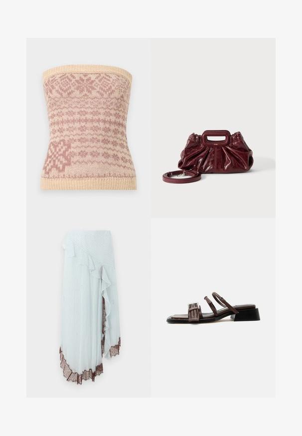 Strikket strapless top i beige med pink geometriske mønstre. Har en ribbet kant og blød tekstur, velegnet til lag-på-lag.; Lyseblå omslagsskjørt med lodrette hvide striber, der har en flæsekant og detaljeret brun blondekant i bunden.; Brun lædersandal med flettet frontrem, to smalle ankelremme med spænde, lav blokhæl og firkantet tådesign.; Lille mørkerød læderhåndtaske med opsamlet struktur, rektangulært håndudskåret håndtag og aftagelig skulderrem på hvid baggrund.