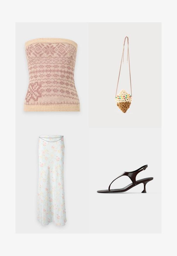 Beige trägerloses Stricktop mit pinken geometrischen Mustern. Verfügt über einen gerippten Saum und eine weiche Textur, eignet sich gut zum Layering.; Rabanne Maxirock - pink/blue/green/yellow; Dunkelbraune Lackleder-Slingback-Sandale mit kittenabsatz und Zehensteg auf weißem Hintergrund.; Kleine hängende Tasche in Form einer Eistüte, aus beigefarbenen und braunen Perlen mit bunten Perlenakzenten, an einer dünnen gedrehten Schnur.
