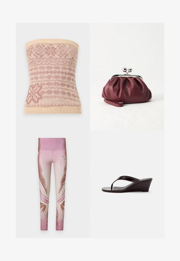 Haut sans manches tricoté en beige avec des motifs géométriques roses. Doté d'un ourlet côtelé et d'une texture douce, idéal pour le superposé.; Leggings roses avec un dégradé de clair à foncé, ornés de motifs floraux et d'accents décoratifs sur les côtés. Texture lisse.; Sandale compensée en cuir verni marron avec bride entre les orteils et bout ouvert, vue de profil sur un fond uni.; Petit sac pochette en cuir bordeaux avec fermoir métallique argenté et bracelet sur fond blanc.