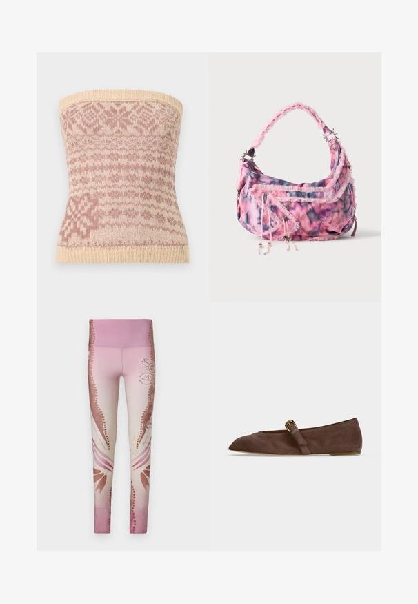 Haut sans manches tricoté en beige avec des motifs géométriques roses. Doté d'un ourlet côtelé et d'une texture douce, idéal pour le superposé.; Leggings roses avec un dégradé de clair à foncé, ornés de motifs floraux et d'accents décoratifs sur les côtés. Texture lisse.; Chaussure plate en daim marron avec bout pointu et bride à boucle dorée sur le côté, vue de profil sur fond blanc.; Petit sac à épaule imprimé floral rose et violet avec bords texturés, poche avant zippée et bandoulière réglable avec fermoirs métalliques.
