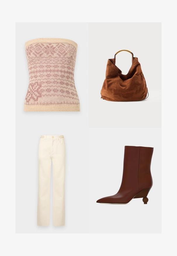 Bežist sooneta top ilma rihmadeta, roosa geomeetriliste mustritega. Omab soonikserva ja pehmet tekstuuri, sobib kihiliseks kandmiseks.; Rabanne Sirgete säärtega teksad - off white denim; Pruun nahast pahkluu saabas terava varba ja ainulaadse ümarate puidust kandadega, lihtsa heleda tausta ees.; Pruun sametist lõdvalt langev käekott struktuurse poolringikujulise kuldse käepidemega, mis on esitatud lihtsal heledal hallil taustal.
