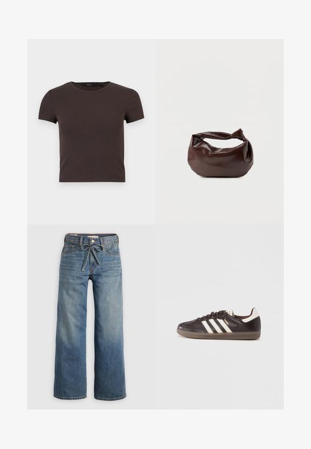 Korte mouw, donkerbruin geribd crop top met ronde halslijn op een effen lichte achtergrond.; Lichtblauwe wijdlopende spijkerbroek van denim, met een trekkoord in de taille, twee voorzakken en subtiele vervaging voor textuur.; Donkerbruine leren sneakers met een wit drie-strepen ontwerp, een rubberen zool en "Samba" in gouden letters aan de zijkant. Klassieke lage schoenvorm.; Donkerbruine leren schoudertas met een zachte, slungelige vorm en een gedraaide knoopvormige handgreep op een effen witte achtergrond.