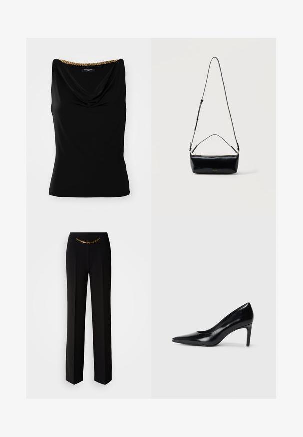 Sort ærmeløs top med en draperet udskæring og en guldkædeaccent på skulderen. Lavet af glat stof med en tætsiddende pasform.; MARCIANO BY GUESS ELLA CHAIN STRAIGHT PANTS - Bukser - black; Sort læder højhælede sko med spids tå, glat tekstur og en taperet hæl. Minimalistisk design uden yderligere udsmykninger.; Sort rektangulær læder crossbody-taske med justerbar skulderrem, top lynlås og lille gyldent Calvin Klein-logo foran.