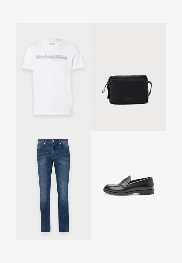 Weißes Baumwoll-T-Shirt mit Rundhalsausschnitt, kurzen Ärmeln und einem blauen Grafiktext-Design, das "DENIM TOM TAILOR gegründet 2007" lautet.; Dunkelblaue Jeans aus Denim mit geradem Bein, fünf Taschen, dezente Verwaschungen, kontrastierende Nähte und einem Knopfverschluss an der Taille.; Schwarze Lederloafer mit glatter Oberfläche, runder Zehenpartie und dekorativem Riemen über der Vorderseite. Flache Gummisohle, klassisches Design.; Schwarz rechteckige Tasche aus glattem Stoff, mit einem Reißverschluss, einem seitlichen Griff und einem kleinen Logo-Patch auf der Vorderseite.