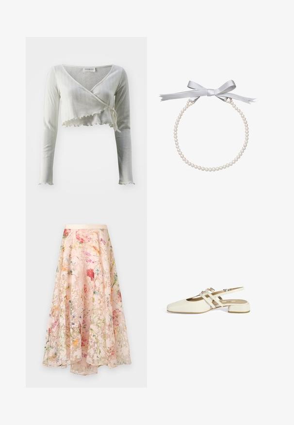 Witte cropped lange mouwen top met een V-hals, geribbelde textuur en geschulpte zoom. Heeft een wikkelontwerp met een strik in de taille.; Lichtroze midi rok met bloemen, gemaakt van soepel, gelaagd chiffon en een zachte tailleband, met een patroon van meerkleurige bloemen.; Witte slingback schoen met een vierkante neus, kruisbandontwerp en een lage blokhak. Gladde textuur en minimalistische esthetiek.; Parelketting met een gladde witte oppervlakte, met gelijkmatig maatige perlen en een lichtgrijze satijnen strik aan beide uiteinden.
